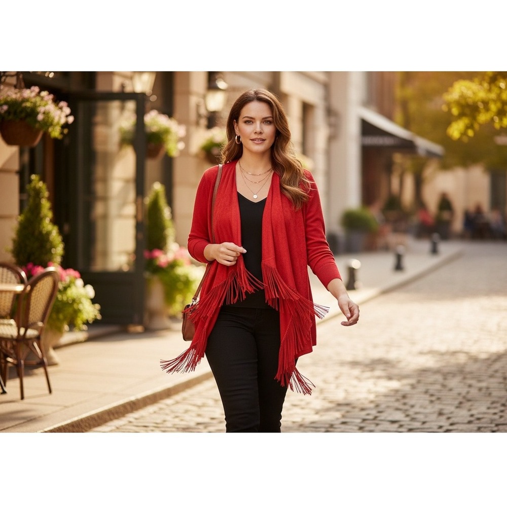 INC International Concepts Cardigan Faux Suede Red Boho Open Front Layering XSP